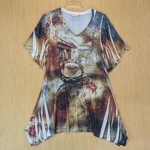 Cover Charge Top Womens Medium Long Graphic Coffee Cafe Rhinestone Y2K Retro Vtg